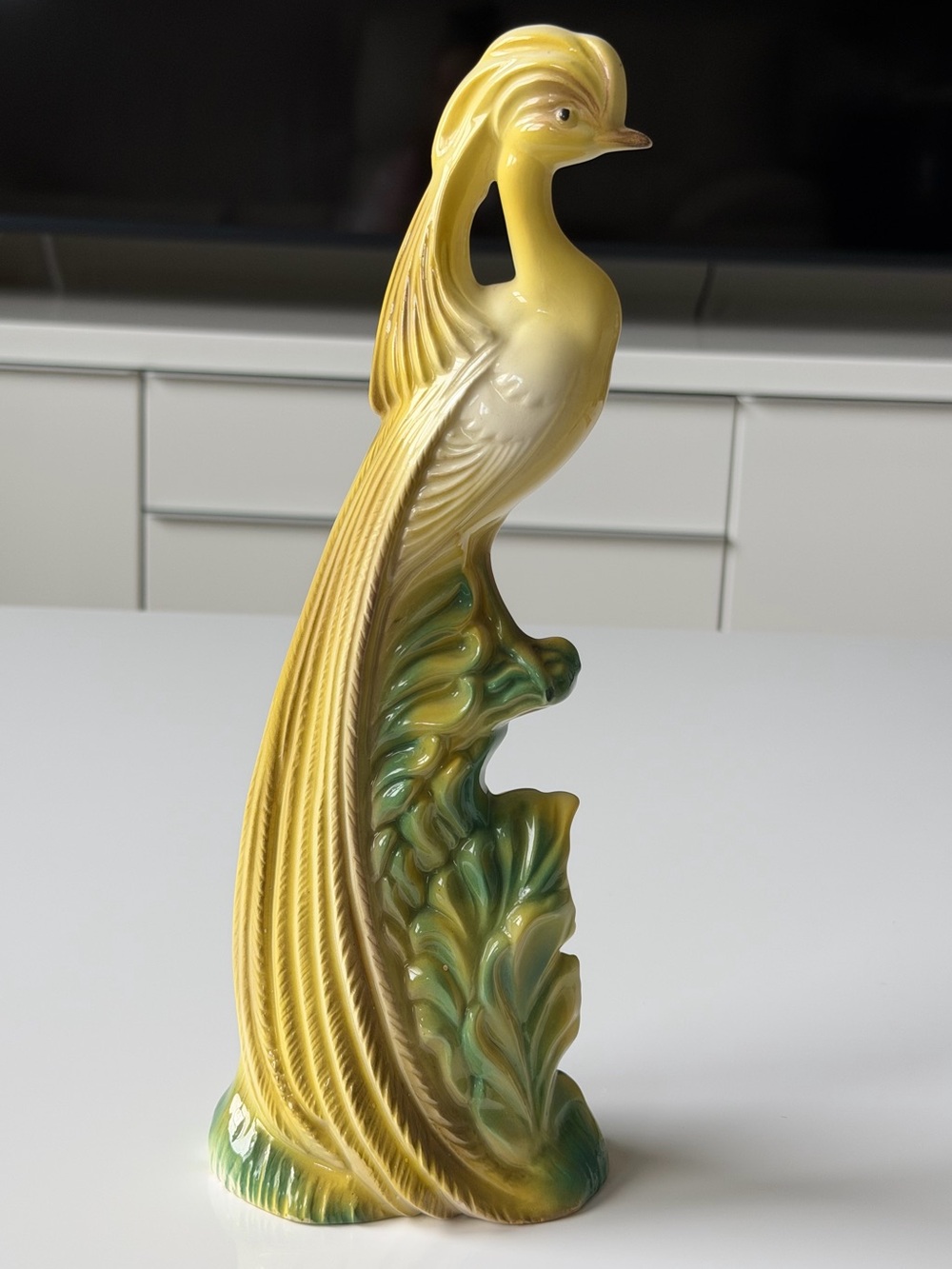 Vintage Ceramic Peacock Figurine Yellow Glossy Mid-Century Decor Bird Statue - Picture 4 of 11